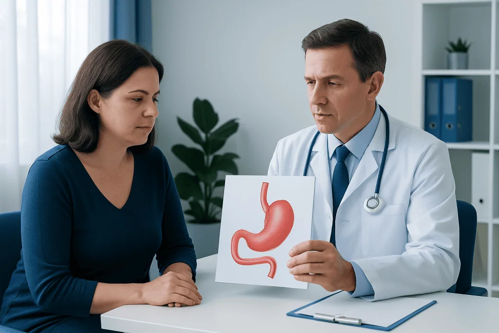 Doctor explaining stomach anatomy to a patient during consultation.