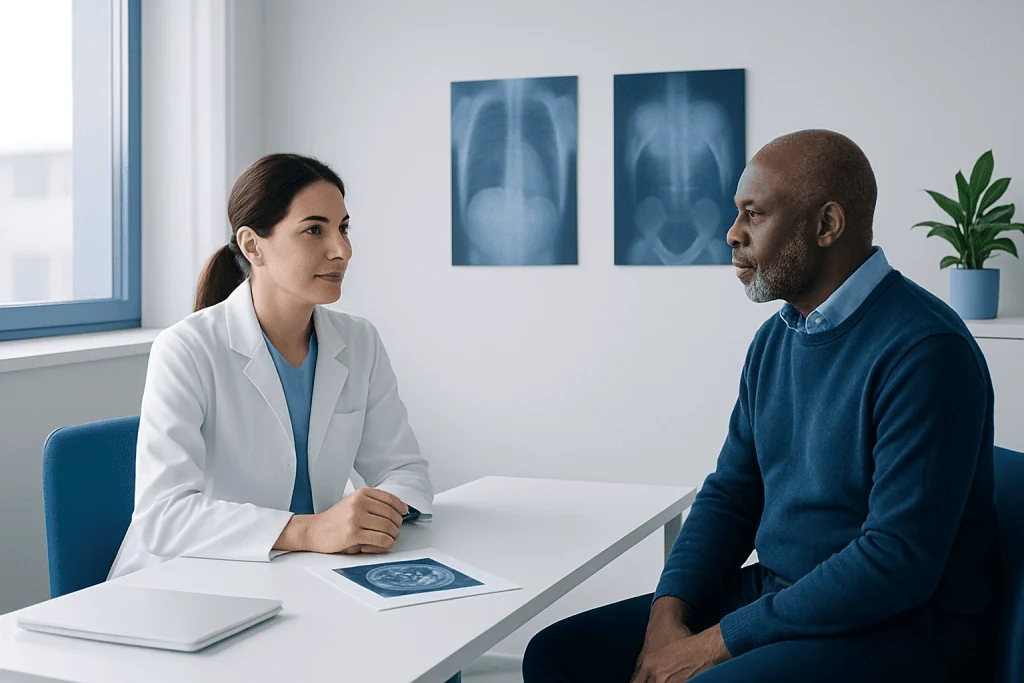 Doctor discussing medical imaging results with patient in a clinic.