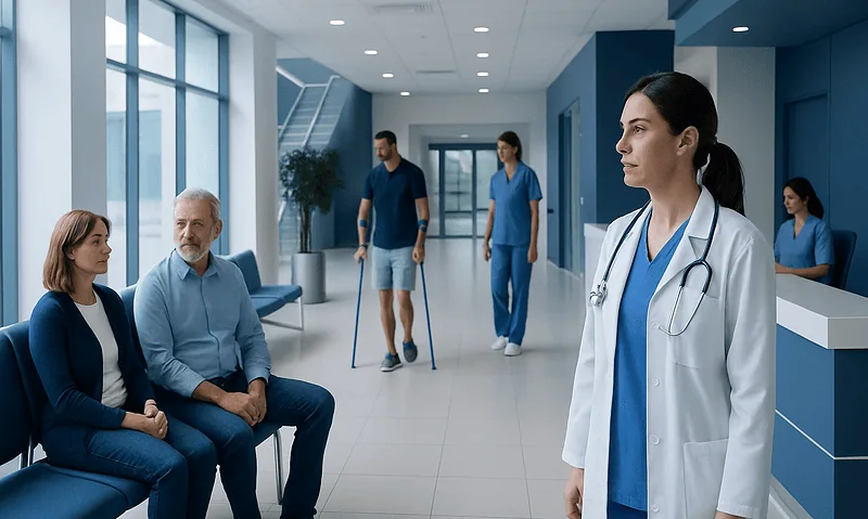Cost of Revision Surgery in Turkey: Why It May Differ From First-Time Treatment 15 Hospital corridor with medical staff and patients in a modern healthcare facility.