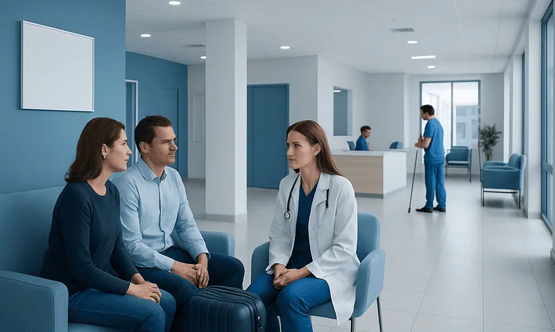 At Acibadem, How We Explain Surgical Risks and Safety Checks Before You Travel 6 Medical consultation in a modern hospital waiting area with a doctor and patients.