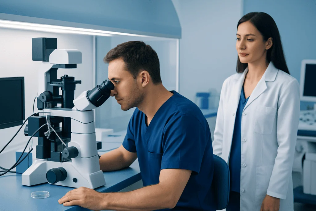 Laboratory technician examining samples with a microscope at Acibadem Hospitals Group.