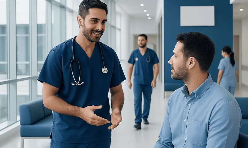 Male nurse consulting with male patient in hospital corridor.