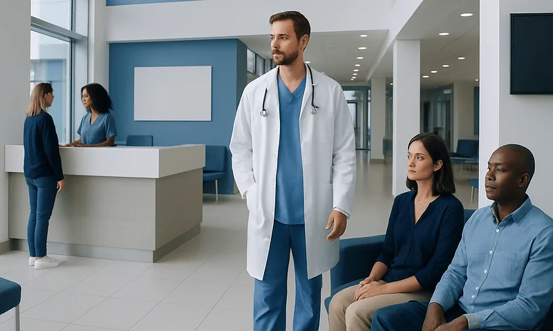 Medical team in hospital lobby with doctor and patients.