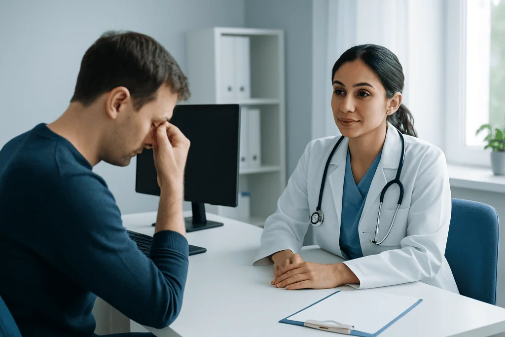 Doctor consulting with a patient about eye strain symptoms in a clinic setting.