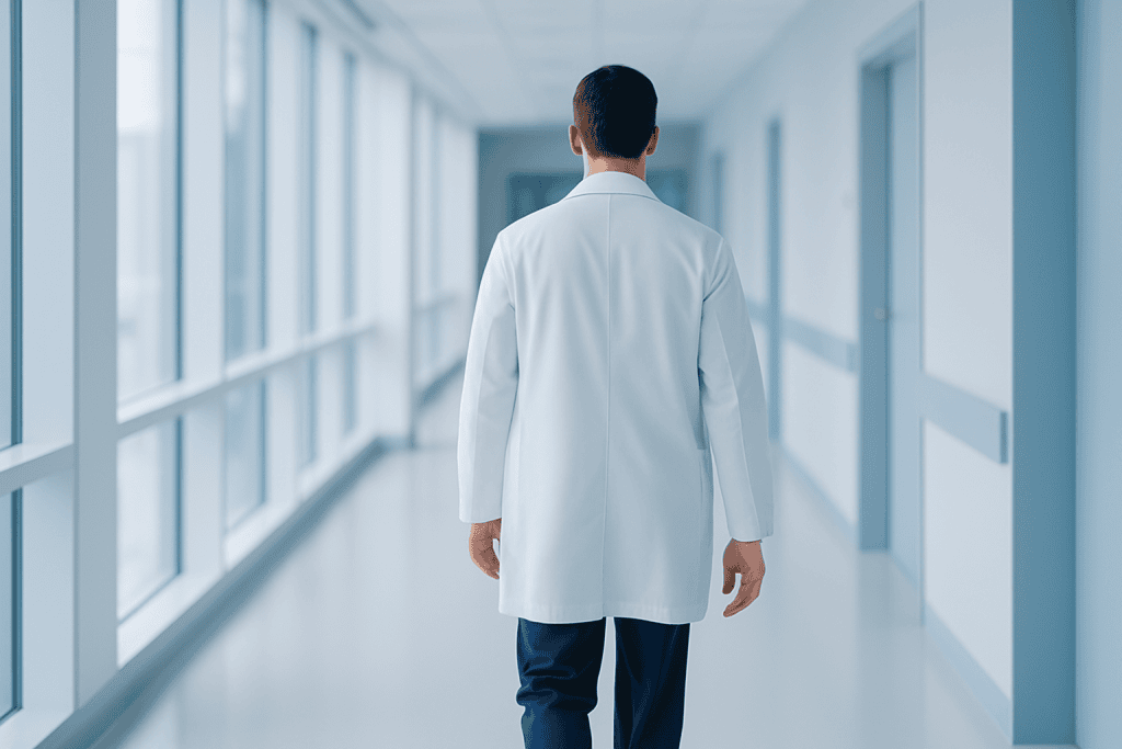 Why Second Opinions Matter Before Joint Replacement Through Advanced Treatment Planning 1 Doctor walking down hospital corridor with large windows and natural light.