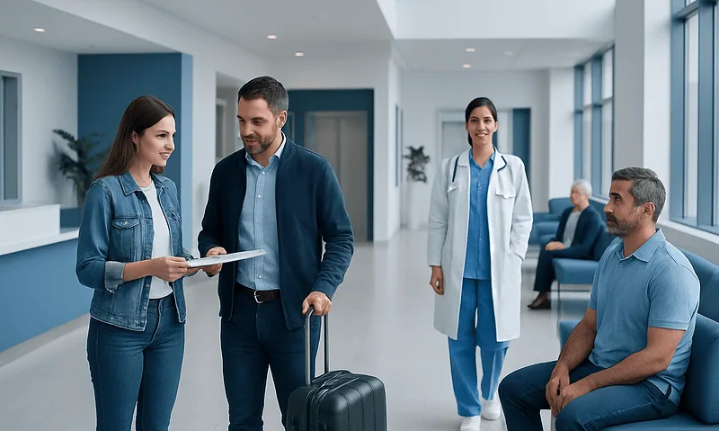 Patients and staff at Acibadem Hospital engaging in a consultation.