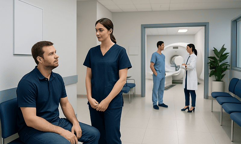 Medical staff preparing a patient for imaging test at Acibadem Hospital in Turkey.