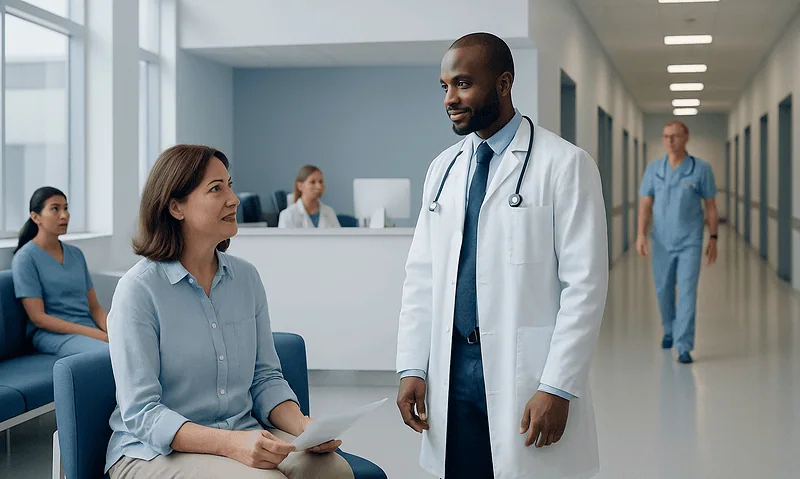 Doctor talking to a patient in a hospital corridor with staff in the background.