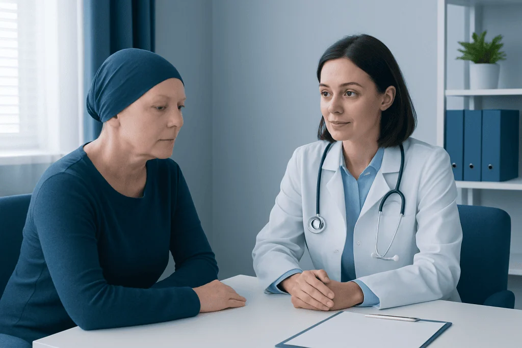 Doctor consulting a patient with cancer in a clinical setting.