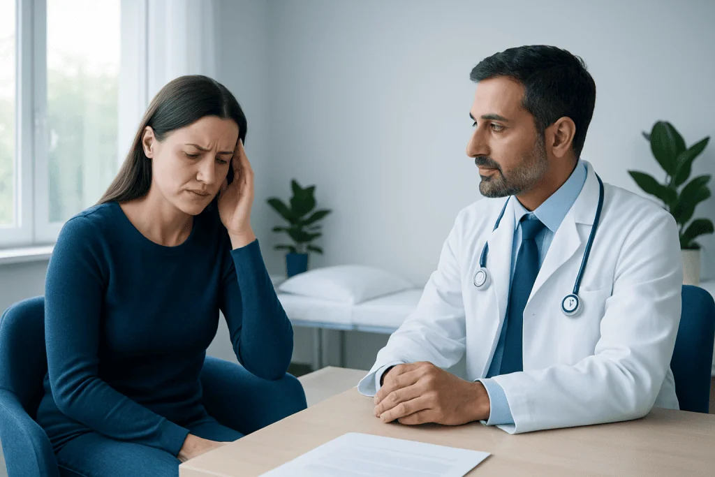 Doctor consulting with a woman patient about migraine symptoms in a clinic.