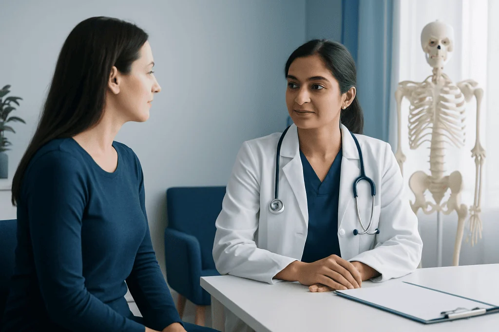 Doctor consulting with a patient about bone health in a medical office.