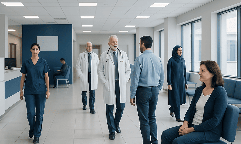 Sleeping Pills and Sedatives After Treatment in Turkey 6 Medical team and patients in a hospital corridor at Acibadem Hospitals Group.