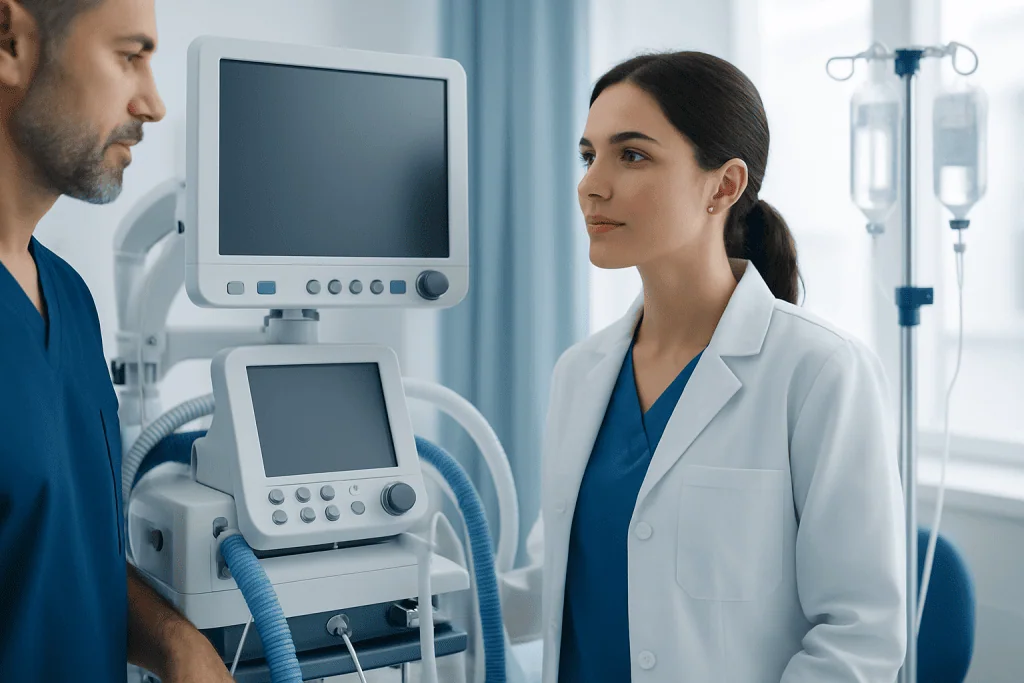 Medical professionals discussing patient care in a hospital setting.