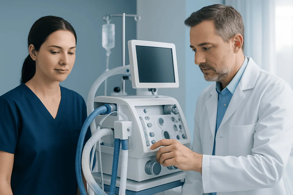 Medical professionals operating ventilator in hospital setting.
