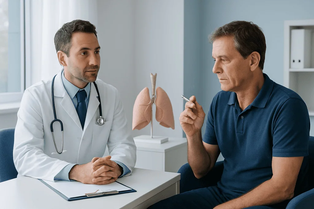 Doctor consulting with patient about lung health in a medical office.