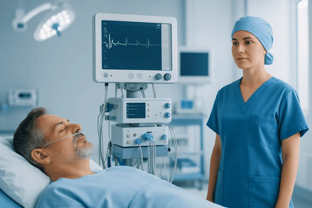 Patient undergoing heart monitoring in a hospital setting with a nurse present.
