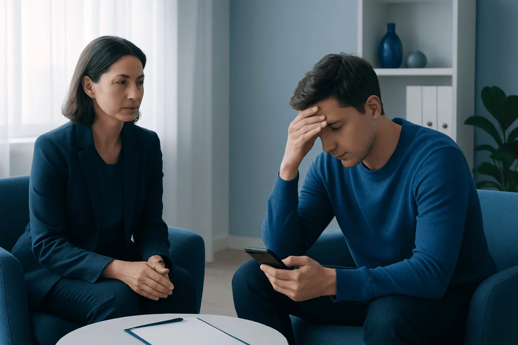 Young man experiencing stress during a therapy session with a psychologist.