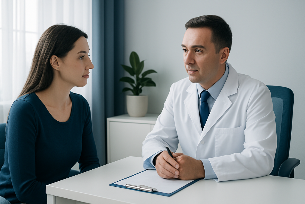 Dentist consulting with a patient in a modern clinic setting.