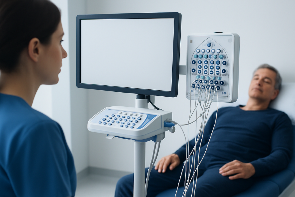 Patient undergoing a clinical neurophysiology test with medical equipment.