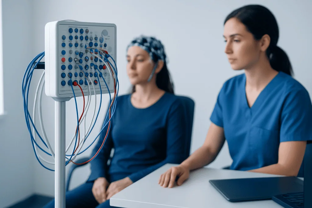Electroencephalogram (EEG) test being conducted in a medical setting.