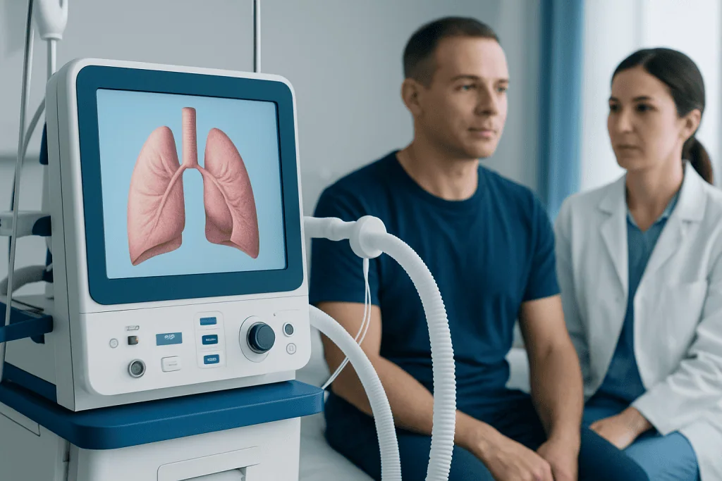 Lung health monitoring device with patient and doctor in hospital.