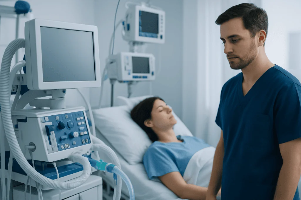 Medical professional monitoring patient in hospital room with ventilator equipment.