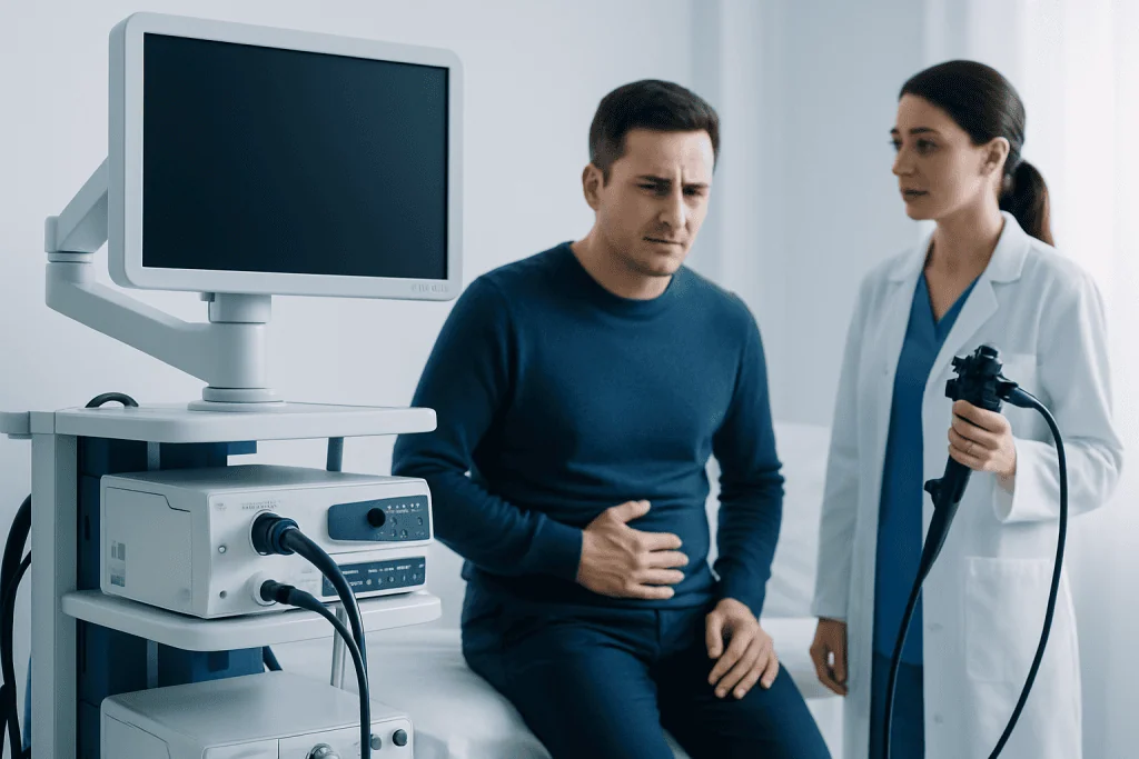 Gastroenterology consultation with doctor and patient in clinic.