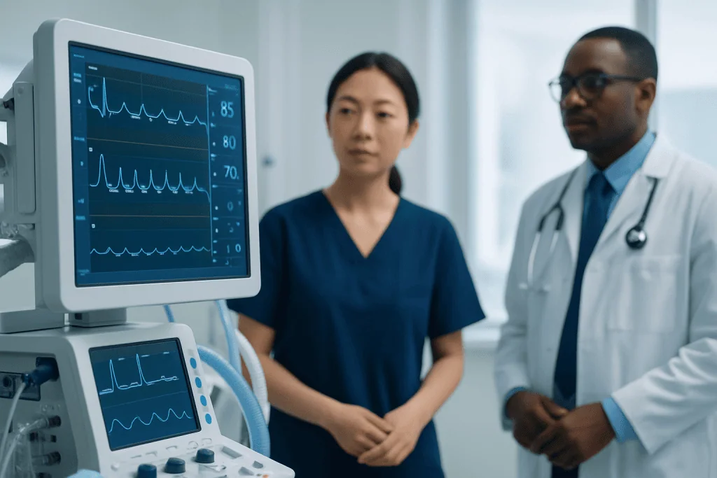 Medical professionals monitoring patient vital signs on a screen at Acibadem Hospitals.