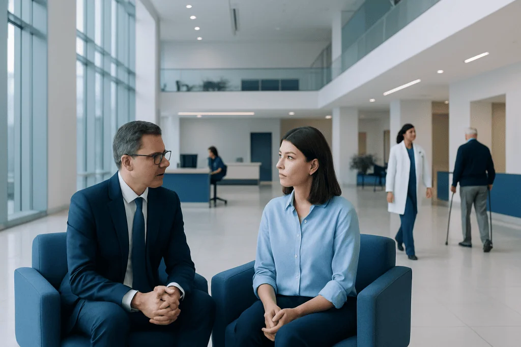 How Acibadem Doctors Match Patients to the Right Specialist 1 Doctors consulting in a modern hospital lobby with patients and staff in background.