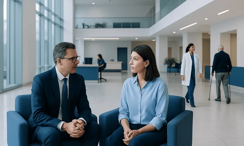 Doctors consulting in a modern hospital lobby with patients and staff in background.