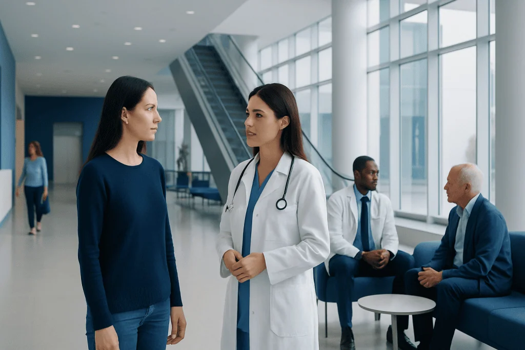 At Acibadem, How We Match You With the Right Specialist 1 Doctor consulting a patient in a modern hospital lobby.