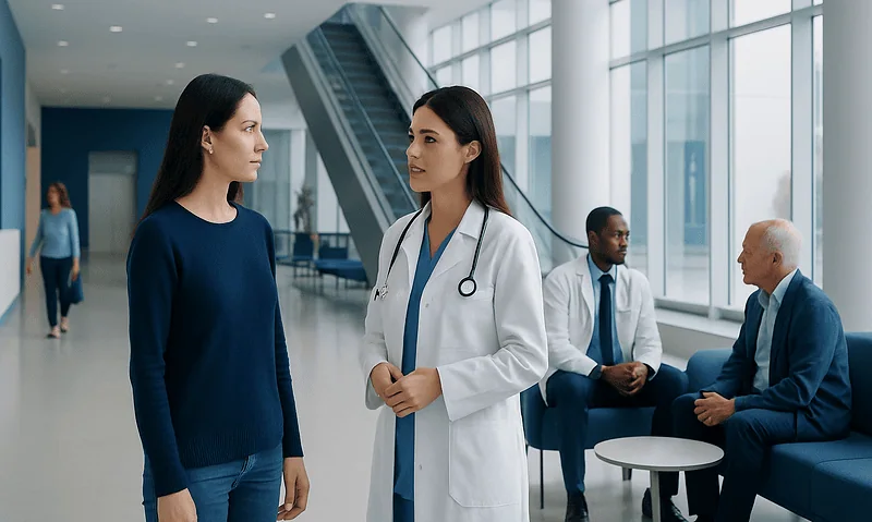 Doctor consulting a patient in a modern hospital lobby.