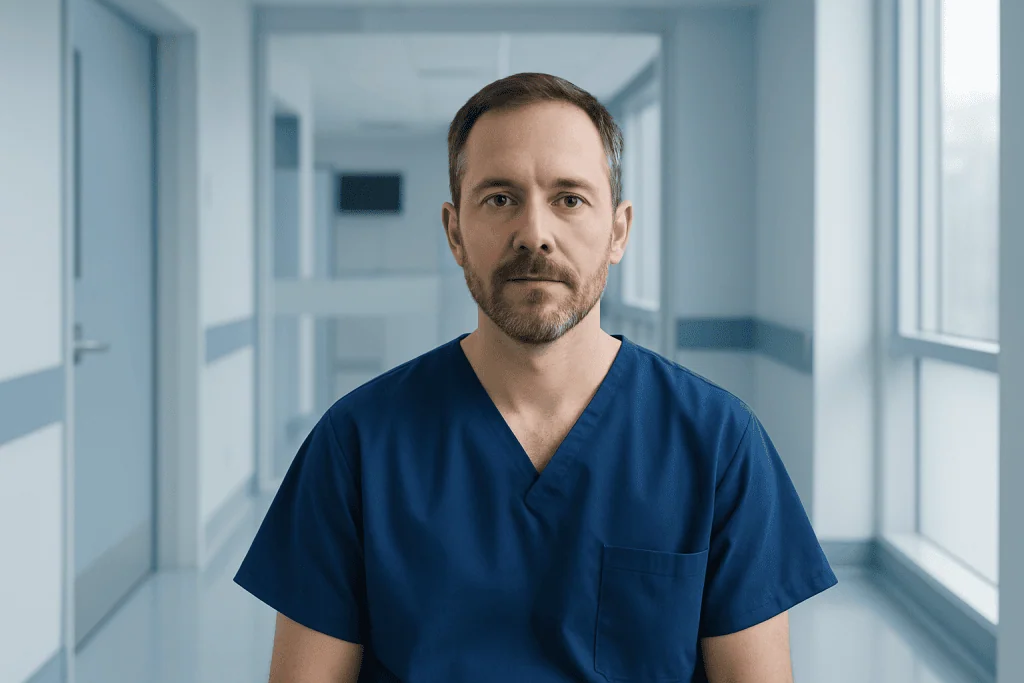 Why Specialists Feel More Optimistic About Breast Augmentation at Leading Medical Centers 1 Medical professional in blue scrubs in a hospital corridor.