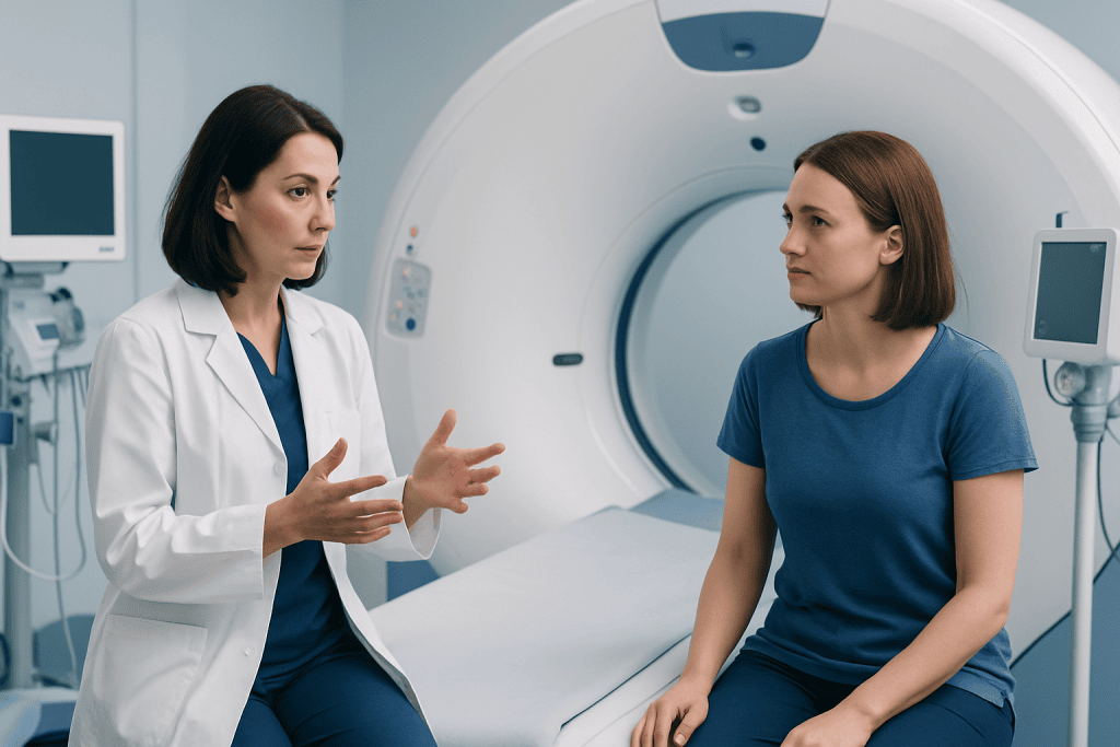 Doctor explaining medical scan results to a patient in a hospital.