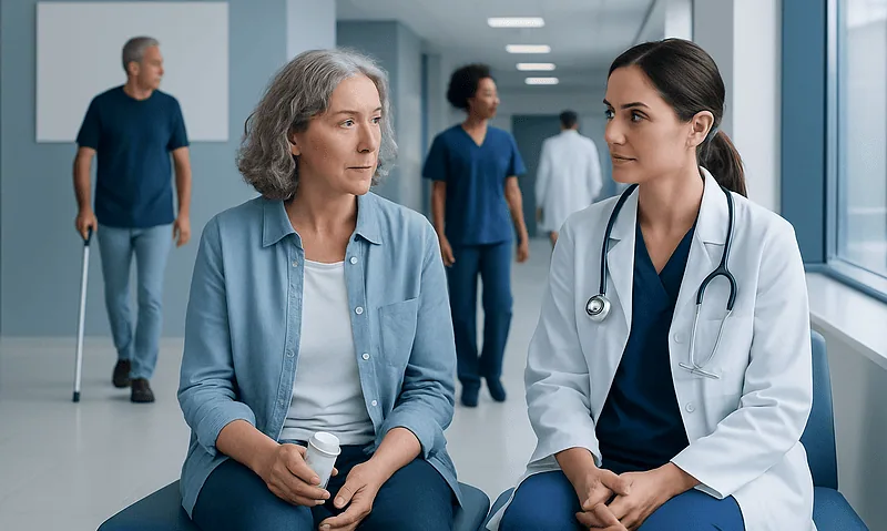 Opioid and Strong Painkiller Safety After Discharge in Turkey 15 Doctor consulting an elderly patient in hospital corridor.
