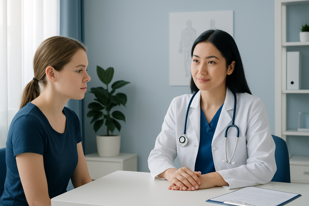 Doctor consulting with a patient in a modern clinic setting.