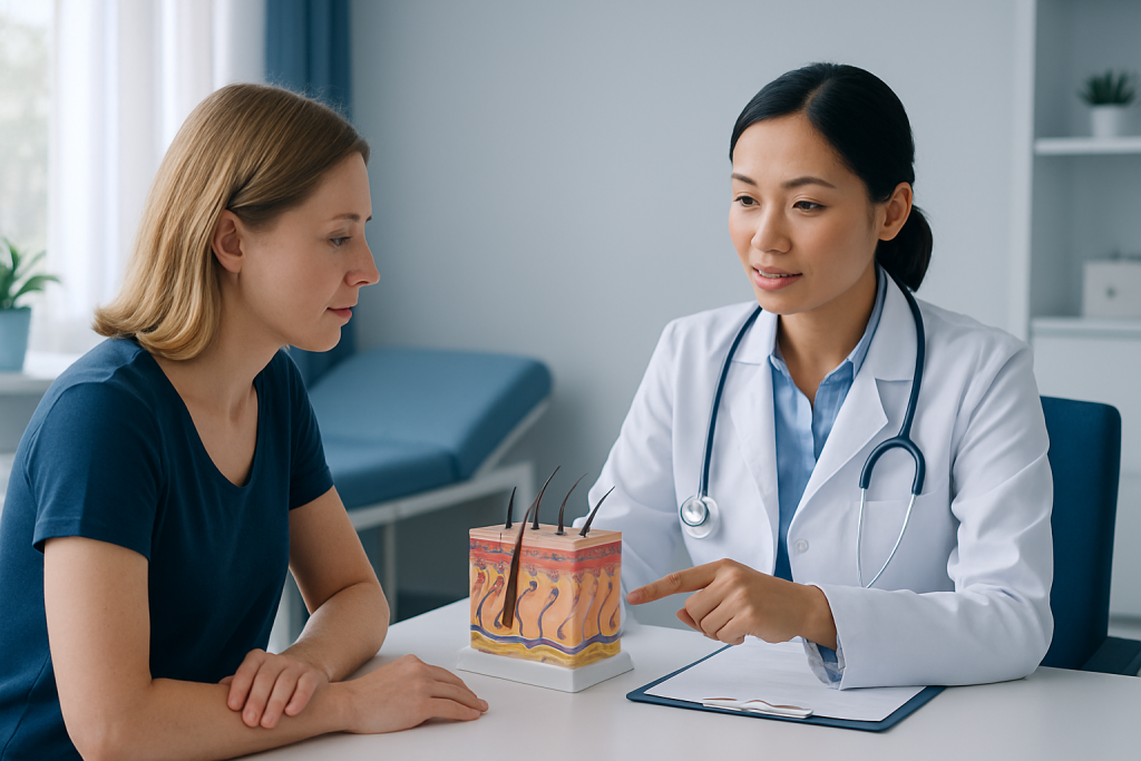 Dermatologist explaining skin layers to a patient in a clinic setting.