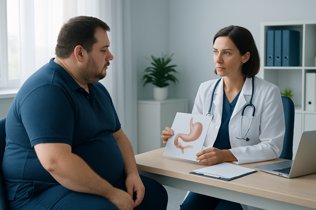 Doctor explaining stomach diagram to patient in consultation room.