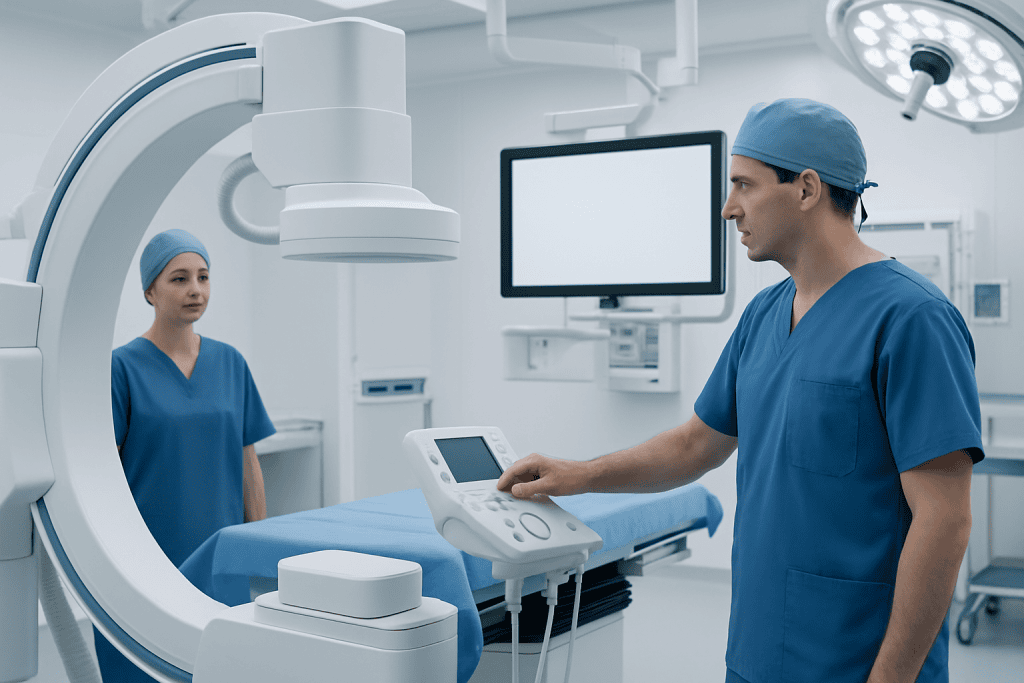 Surgeons in a modern hybrid operating room with advanced imaging equipment.