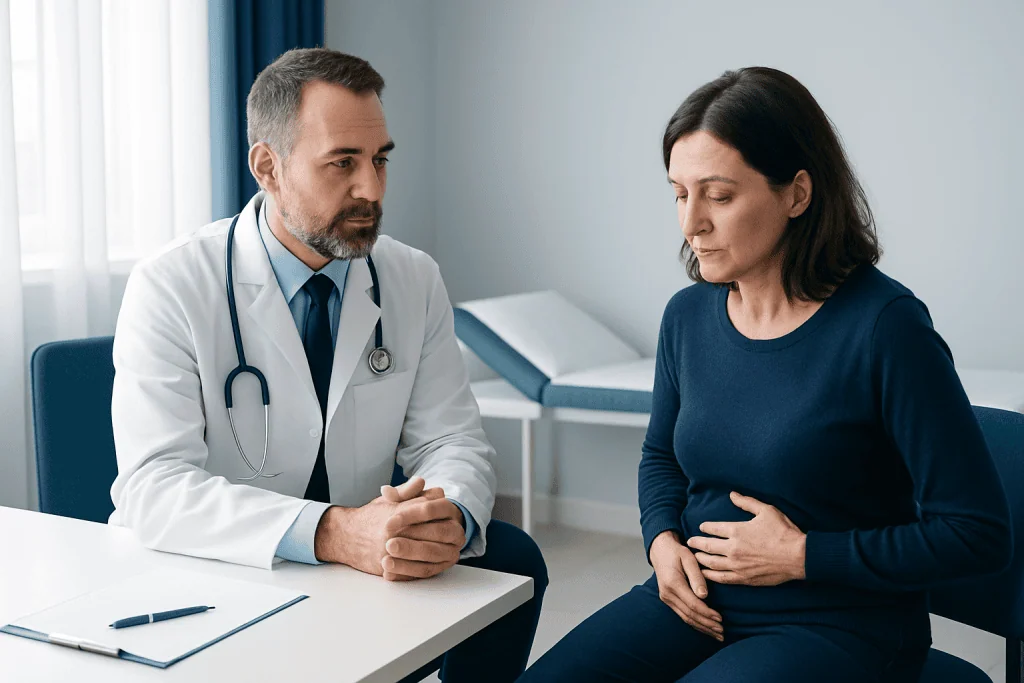 Doctor consulting with a woman patient in a medical office.