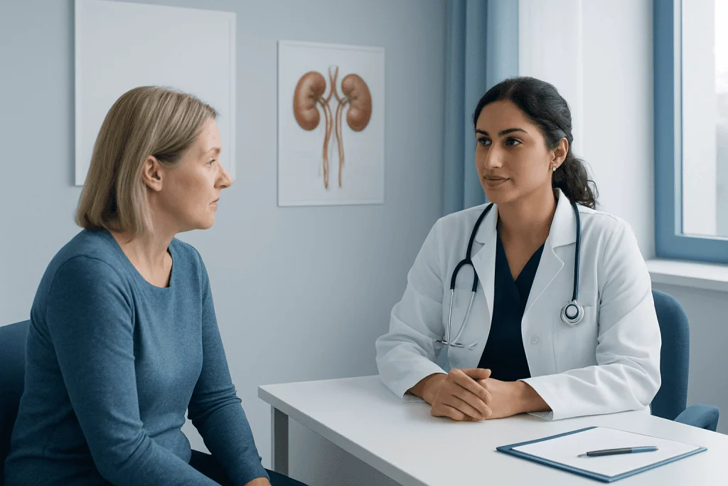 Doctor consulting with a patient about kidney health in a medical office.