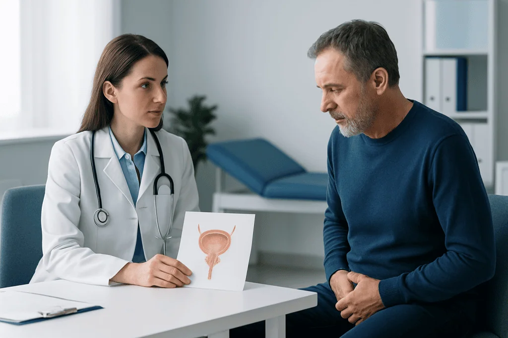 Doctor explaining bladder health to a patient in a clinic setting.