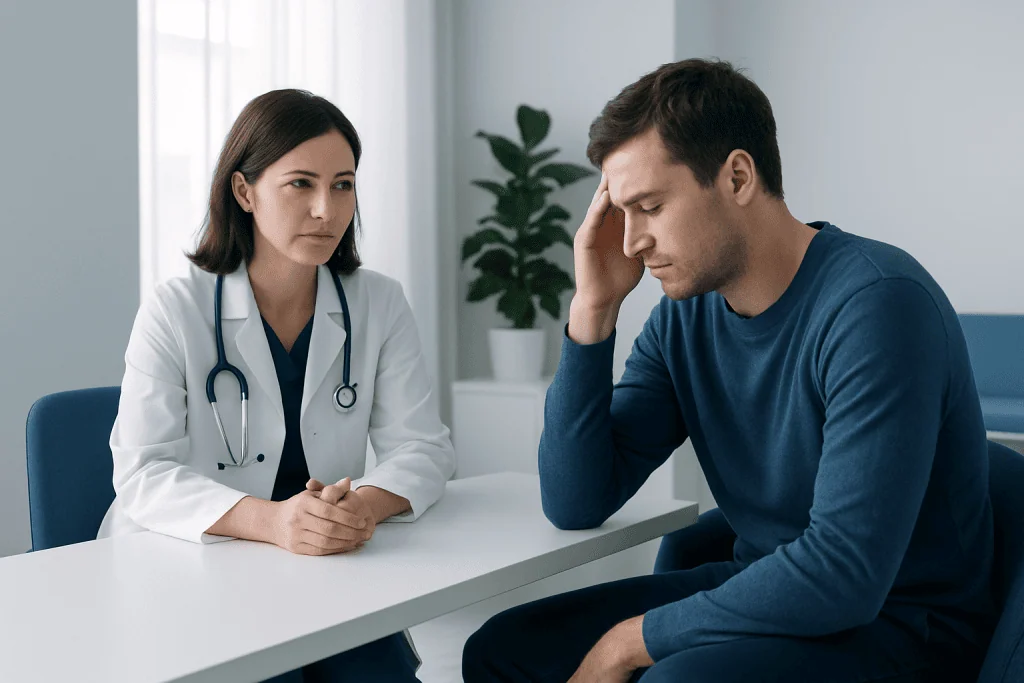 Doctor consulting with a patient experiencing stress or anxiety.
