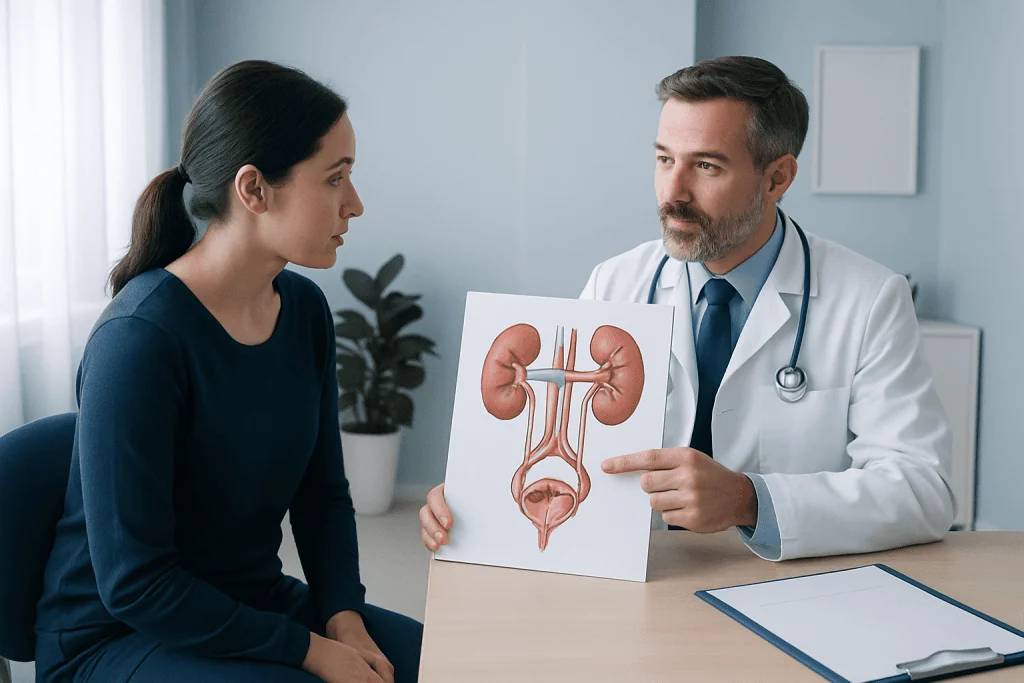 Urologist explaining kidney anatomy to a patient in a clinic setting.