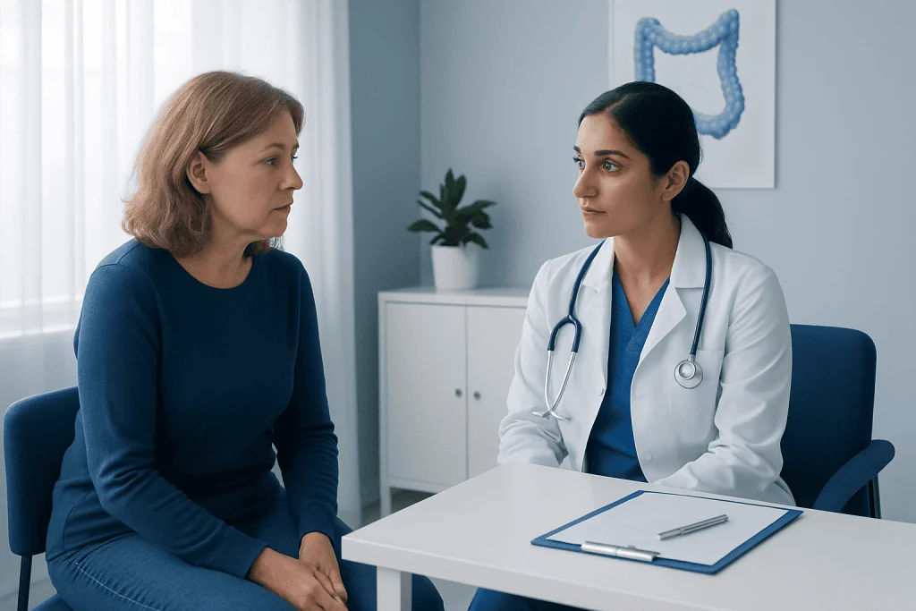 Doctor consulting with a woman patient in a medical office setting.