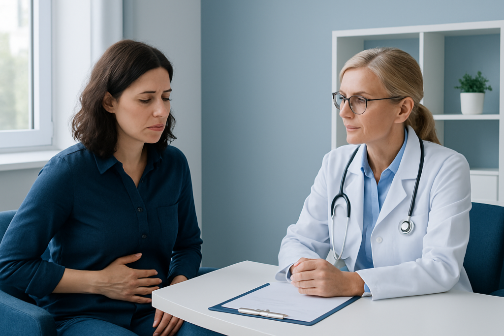 Doctor consulting with a patient about gluten-free diet and celiac disease symptoms.