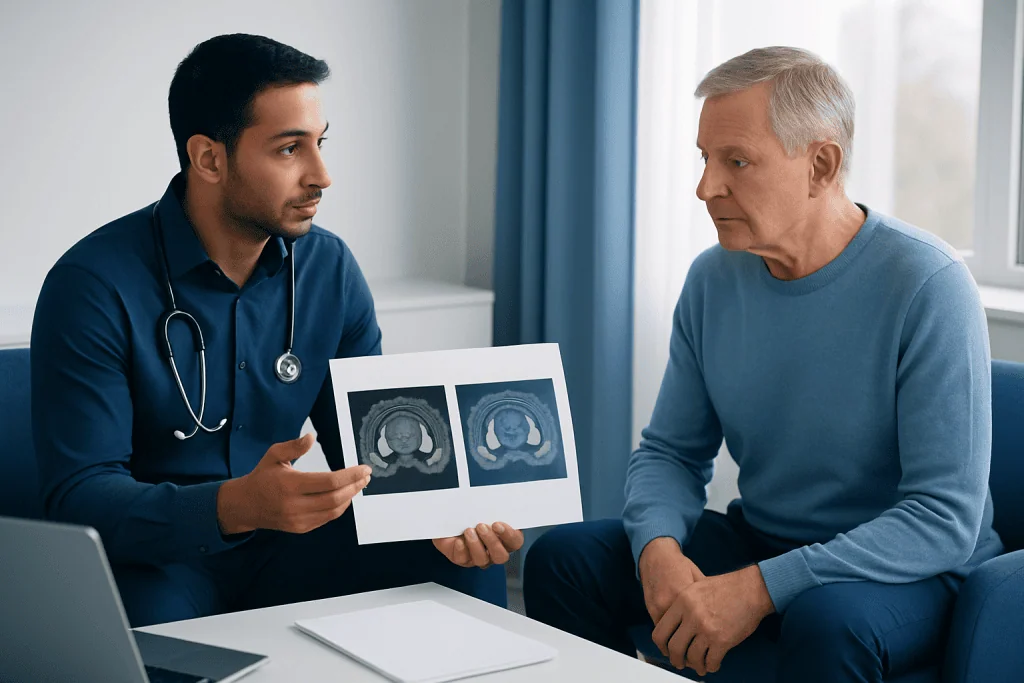 Urologist explaining MRI images to patient in consultation room.