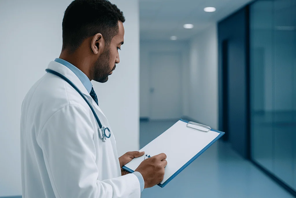 Why Targeted Therapy Is Replacing Traditional Chemotherapy 1 Doctor reviewing patient notes in a modern hospital corridor.
