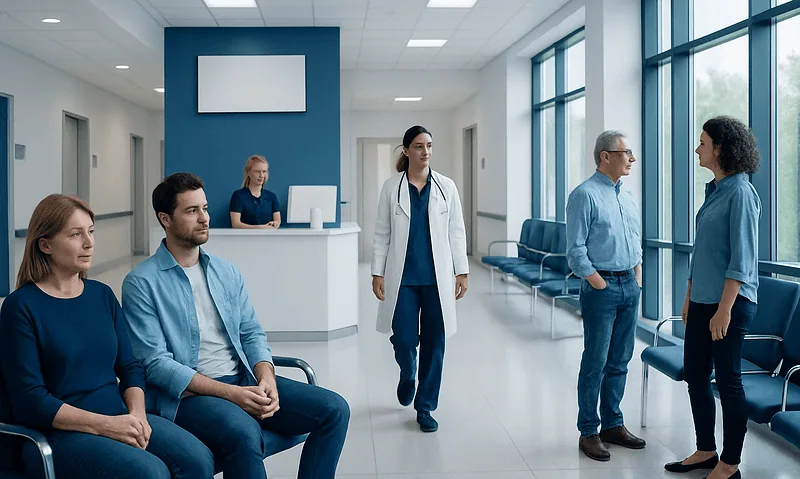Patients waiting and consulting in a modern hospital corridor.