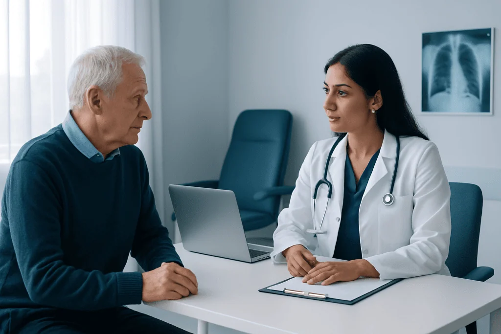 Doctor consulting with an elderly male patient in a medical office.